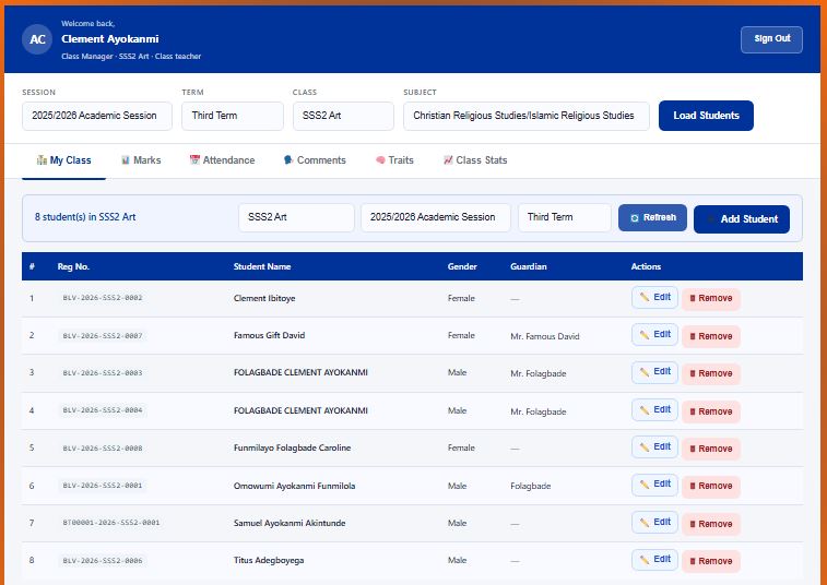 BRCP teacher's portal dashboard